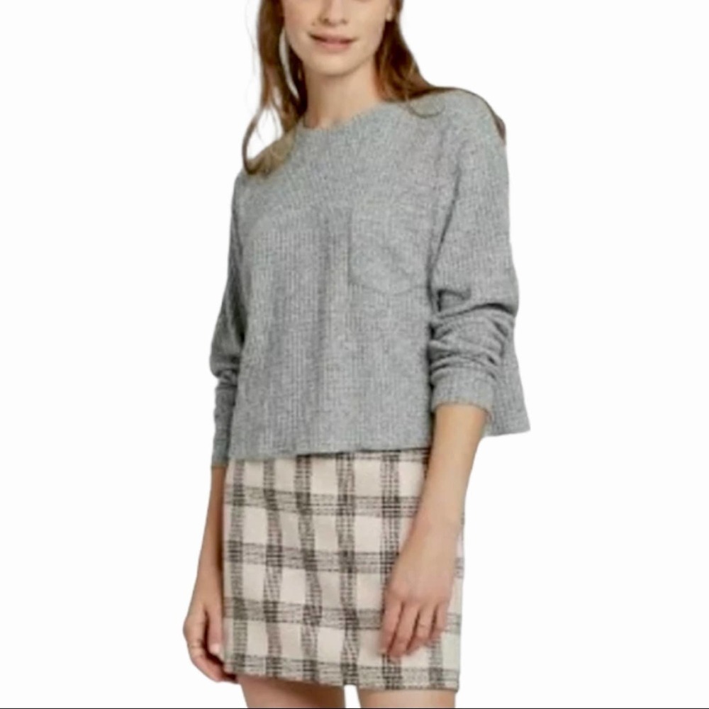WILD FABLE | Heather Gray Long Sleeve Waffle Knit Crop Top